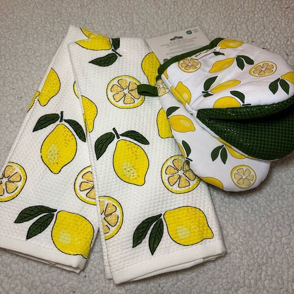 KitchenAid Lemon Kitchen Linen Set 4 Pieces (2 Towels 2 Mitts) NWT - Picture 6 of 7